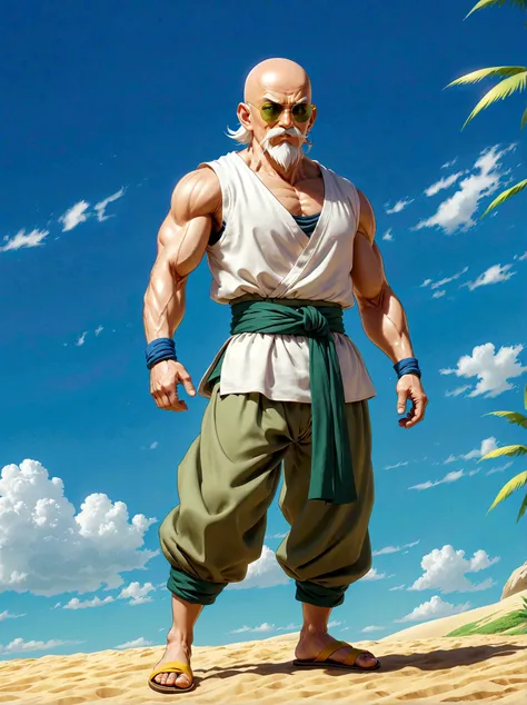 Dragon Ball, muten roushi, old man, black eyes,bald, facial hair, beard, mustache, white hair, white tank top, light brown pants, brown sash, green sandals, sunglasses, yellow-framed eyewear, blue-tinted eyewear