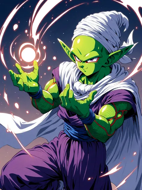 Dragon Ball, piccolo, 1boy,white turban, white cape, pointy ears,(purple dougi), green skin, purple pants,pink patches,blue sash