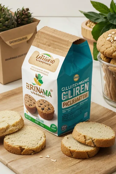 design the following: 1. Empaque para Productos Sin Gluten
Nombre del Producto: Gluten-Free Whole Wheat Bread Packaging Design:

Material: Bolsa de papel kraft con ventana transparente para ver el producto.
Colores: Tonos tierra (Brown, beige) con acentos ...