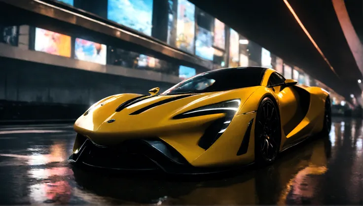 a beautiful yellow supercar, city of tokyo in the background, detailed high resolution photo, cinematic lighting, 8k, photorealistic, dynamic composition, vibrant colors, reflection on the car body, depth of field, realistic textures, intricate details, sl...