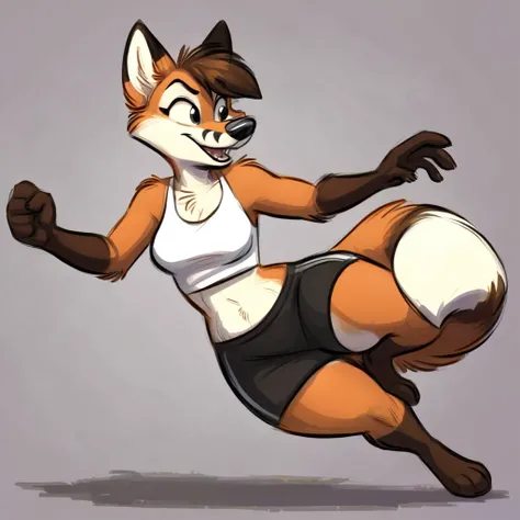 A anthropomorphic fox, wearing black swimming shorts, and a anthropomorphic female fox is hold her foot and kicking her foot, nsfw, has thick thighs, high quality, crisp, 