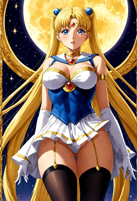 Sailor Moon, 35, is radiant in her iconic costume, striking a seductive pose that flaunts her huge, bra-less, covered breasts. Wearing a very short miniskirt and thigh high stocking with garter, high heel, the full-body shot, taken from below, shows her fi...