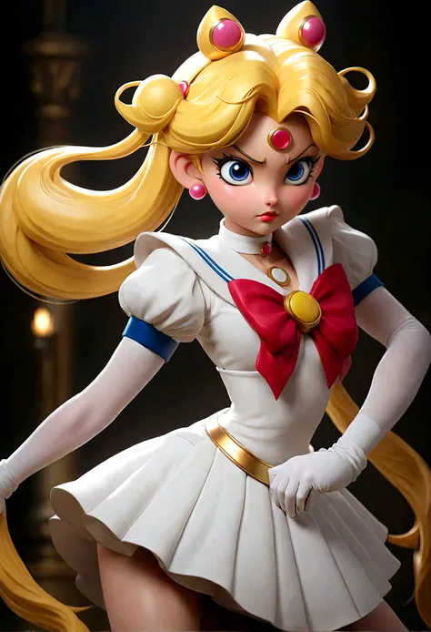 Sailor Moon, 35, is radiant in her iconic costume, striking a seductive pose that flaunts her huge, bra-less, covered breasts. Wearing a very short miniskirt and thigh high stocking with garter, high heel, the full-body shot, taken from below, shows her fi...