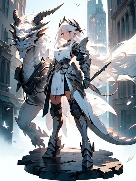 (((masterpiece, best quality, 8k)))Design a layout showcase Fantasy character, (1girl), ((mounted on a dragon)). Beautiful armor, wielding a spear, long white hair, wearing a tiara. ((detailed dragon:1.4)), white dragon, full of intricate details. (masterp...