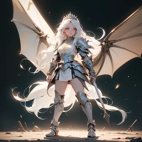 (((masterpiece, best quality, 8k)))Design a layout showcase Fantasy character, (1girl), ((mounted on a dragon)). Beautiful armor, wielding a spear, long white hair, wearing a tiara. ((detailed dragon:1.4)), white dragon, full of intricate details. (masterp...