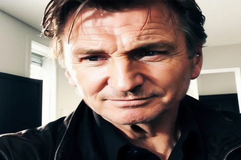 Liam Neeson in a black shirt and a black jacket