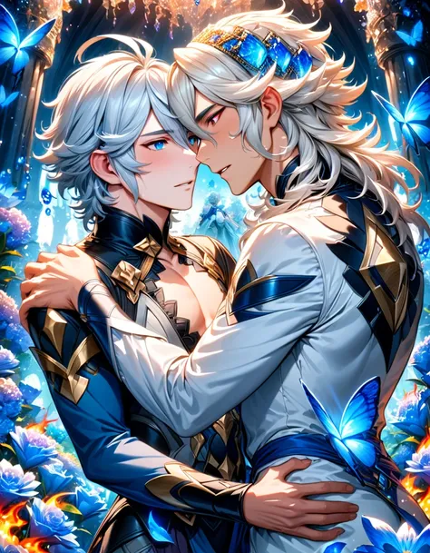 absurdres, highres, ultra detailed, HDR, master piece, best quality, Niles, white hair, expressive blue eyes, Fire Emblem Fates, Corrin, white hair, expressive red eyes, two sexy men together, gay couple, yaoi, handsome, white clothes, magical, fantasy, wa...