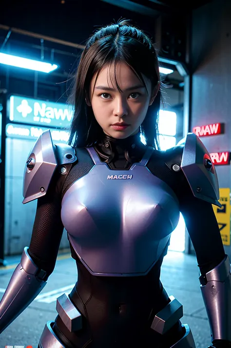 (RAW quality:1.4), Wide-angle shot, 1 female, Mecha, Sparkling blue eyes, 15 years old, Japanese, Very cute face, (Realistic:1.37), /imagine prompt: cyberpunk, police girl, armor, futuristic, neon lights, high-tech, edgy, sleek, dynamic pose, urban backdro...