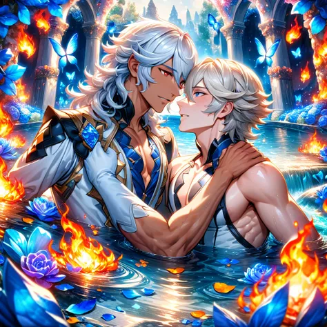 absurdres, highres, ultra detailed, HDR, master piece, best quality, Niles, white hair, expressive blue eyes, Fire Emblem Fates, Corrin, white hair, expressive red eyes, two sexy men together, gay couple, yaoi, handsome, white clothes, magical, fantasy, wa...