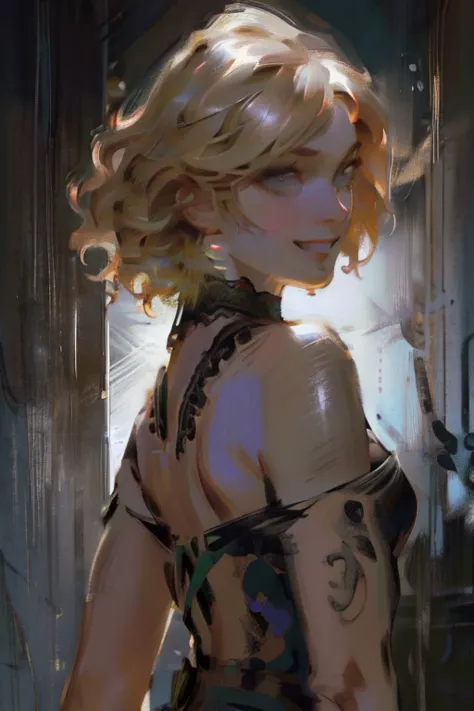 (back view),((ultra realistic illustration:1.3)), athletic blonde woman, (short hair), tomboy, cute, ((smile)), smoky eye, masca...