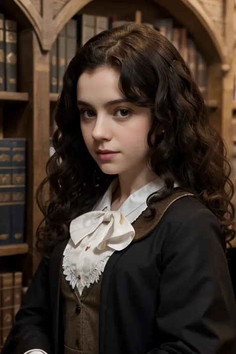 Girl pale skin curly dark hair, uniforme de hogwarts 