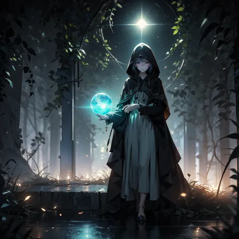 (((masterpiece)))((intricate detail))((8k UHD resolution))((full body shot)) of a girl in a dark hooded cloak, standing in a dim, shadowy environment, holding a glowing orb of energy in her hands which emits a soft, ethereal light. Surrounding her are nume...