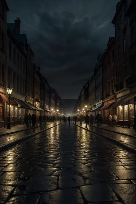 a dark european city street at night, 33 shadows of people walking, one of these shadows is illuminated by a light from the sky, the shadows are closer, a shadow of a man with a gun and dagger highlighted and at the center of the image reflected on the gro...