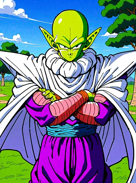 dragon ball, piccolo, 1boy, male focus, solo, green skin, pointy ears, black eyes, purple pants, crossed arms, standing, purple ...