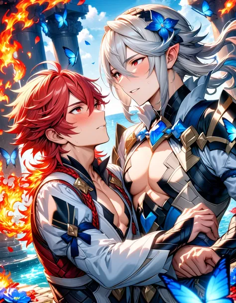 Ultra detailed, highres, absurdres, HDR, master piece, Subaki, red hair, expressive red eyes, male Corrin, white hair, expressive red eyes, white fantasy clothes, Fire Emblem Fates, fantasy, petals, blue butterflies, blue flowers, water, two sexy man toget...