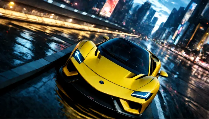 a beautiful yellow supercar, city of tokyo in the background, detailed high resolution photo, cinematic lighting, 8k, photorealistic, dynamic composition, vibrant colors, reflection on the car body, depth of field, realistic textures, intricate details, sl...