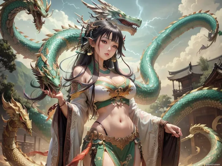 masterpiece, best quality, {best quality}, {{masterpiece}}, {high resolution}, Japanese cartoons, 1 Girl, Adult women,(((Full breasts,)))(((Large Breasts))) Expose((Cleavage)), attractive, Dissonance, 羽snake神, Kukulkan, snake神, dragon, snake, 飛翔的feather, f...