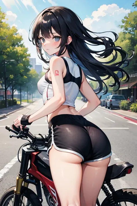 a girl rides a motorcycle, running shorts, 1girl, solo, dolphin shorts, shorts, ground vehicle, bicycle, ass, blush, looking back,
