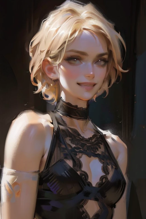 ((ultra realistic illustration:1.3)), athletic blonde woman, (short hair), tomboy, cute, ((smile)), smoky eye, mascara, choker, ...