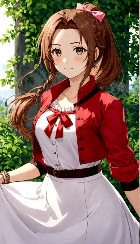 1 girl，Ponytail,bracelet，braid，braidPonytail，Brown hair，裁剪jacket，dress，jacket，Long skirt，Long hair，Pink bow，白色dress，红色jacket，solo,Aerith Gainsborough