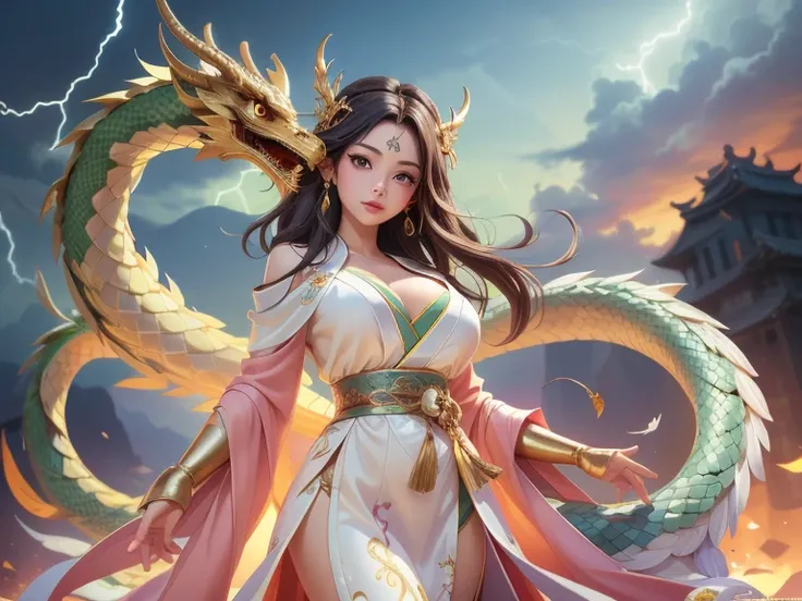 masterpiece, best quality, {best quality}, {{masterpiece}}, {high resolution}, Japanese cartoons, 1 Girl, Adult women,(((Full breasts,)))(((Large Breasts))) Expose((Cleavage)), attractive, Dissonance, 羽snake神, Kukulkan, snake神, dragon, snake, 飛翔的feather, f...