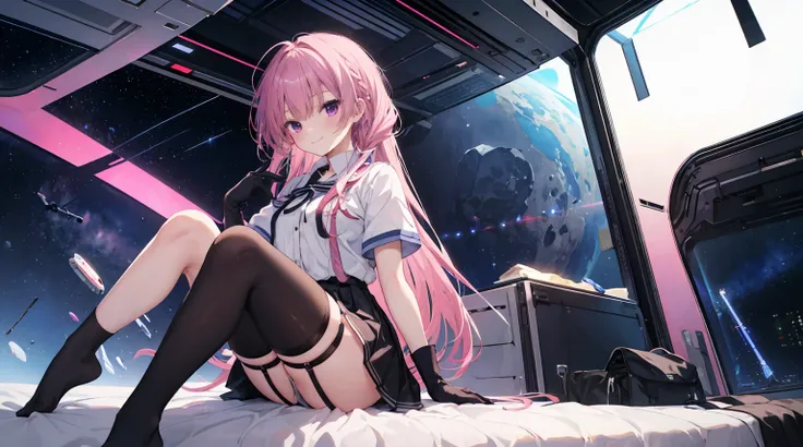 A girl，Solitary，Pink long hair，Moderate，Smile，Medium-length hair，Messy hair，Short sleeve，Short sleeve游戏服，Black skirt，Black stockings，Black gloves，Inside the spacecraft，on the bed，Glass Windows，Space background, Anime style 4k，black garter straps，No shoes，m...