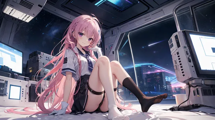 A girl，Solitary，Pink long hair，Moderate，Smile，Medium-length hair，Messy hair，Short sleeve，Short sleeve游戏服，Black skirt，Black stockings，Black gloves，Inside the spacecraft，on the bed，Glass Windows，Space background, Anime style 4k，black garter straps，No shoes，m...