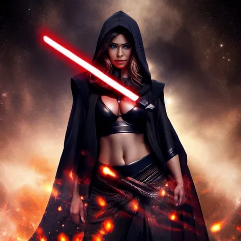 (1girl large breasts), bust upper body shot, Tahiri Veila , black robes, star wars, standing, midriff , cinematic lighting, epic, inspiring, hdr, highly detailed, cinematic composition, sthoutfit