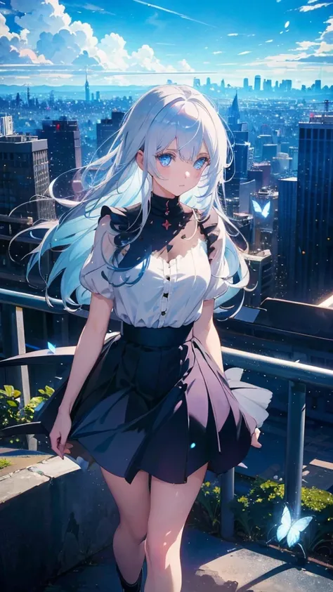 1 anime girl, alone,white hair,Blue shining jewel eyes,Black petals flutter, A mysteriously shining butterfly.blue sky,city,Vivid blue hair,bright blue jewel eyes,thin legs,cloudy sky,very clear,highest quality,Are standing,Straight Hair,morning,Mid-length...