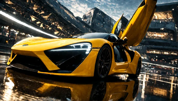 a beautiful yellow supercar, city of tokyo in the background, detailed high resolution photo, cinematic lighting, 8k, photorealistic, dynamic composition, vibrant colors, reflection on the car body, depth of field, realistic textures, intricate details, sl...