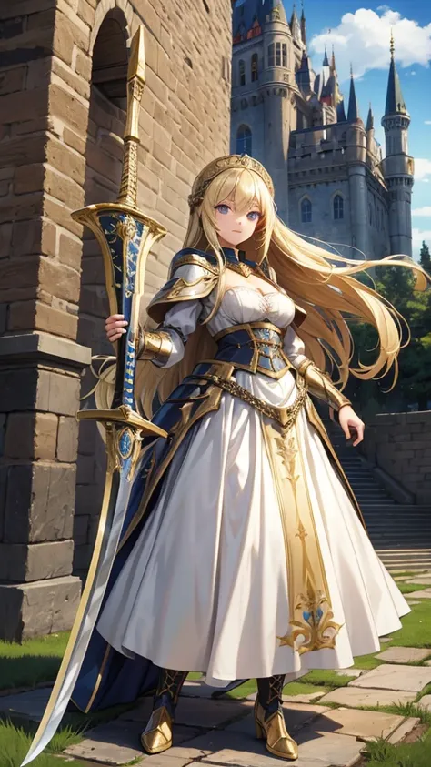 Blonde long hair woman dress long skirt cleavage，Hand guard，，boots,Great sword，medieval european castle