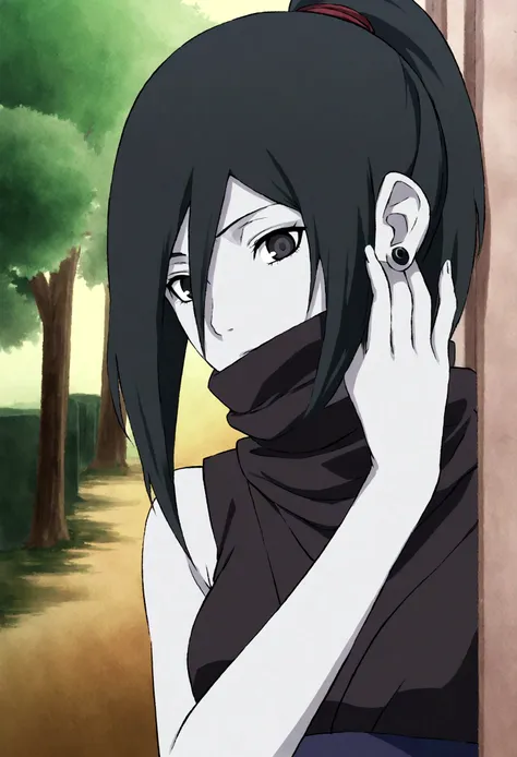 A woman, long black hair tied into a ponytail, wears a black mask that covers half her face, piercing black eyes, gentle look, black eyes, pale skin, a vertical triangle earring, shinobi clothing, expressive face, trees behind. ANIMATION MAPPA STUDIO ANIME...