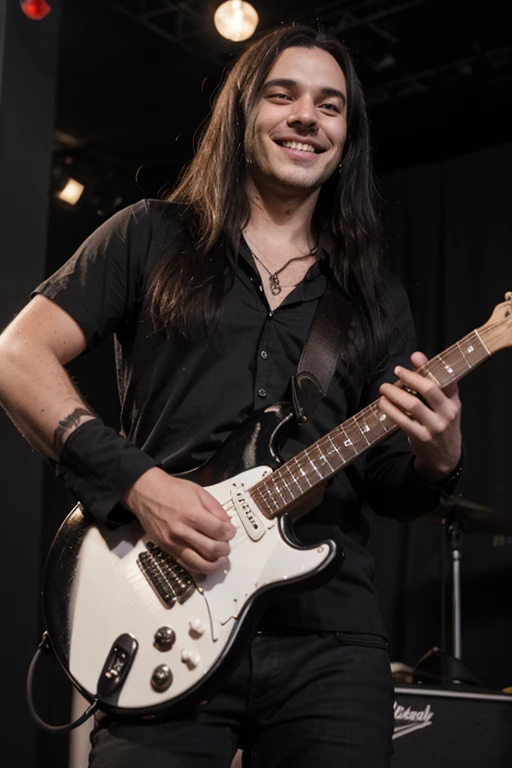 Handsome thin White man  goth long black hair smiling happy guitar