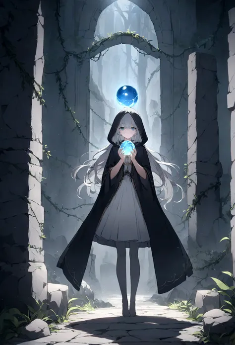 (((masterpiece)))(((best quality)))(((8k UHD)))((full body shot)) of a girl in a dark hooded cloak, standing in a completely dark environment. She is holding a glowing orb of energy in her hands, which emits a soft, ethereal light. Surrounding her are nume...