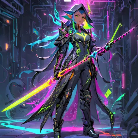 secret agent wizard elf, with an elegant suit with neon magic circuits, mixing suit details with a tactical outfit, gloves, tech...