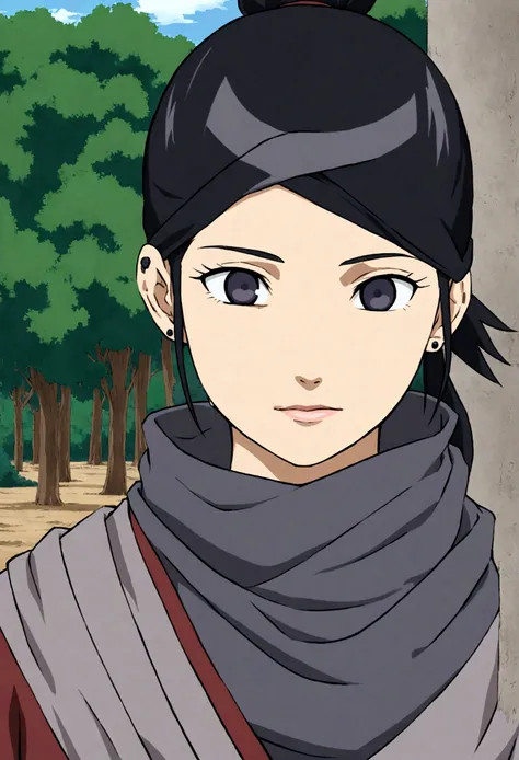 A woman, long black hair tied into a ponytail, wears a black mask that covers half her face, piercing black eyes, gentle look, black eyes, light skin, a vertical triangle earring, shinobi clothing, expressive face, trees behind. ANIMATION MAPPA STUDIO ANIM...