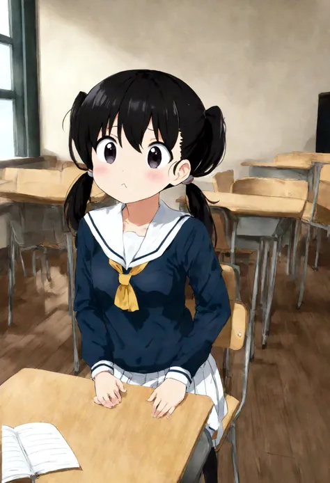 Anime Style、Anime works、Not like AI、I don&#39;t understand that it&#39;s AI、Adorable、Young face、Black Hair、Twin tails、high school student、Short、Small breasts、Black Eye、Cute Sailor Suit、Kyoto Animation Style、1 person、School、classroom、