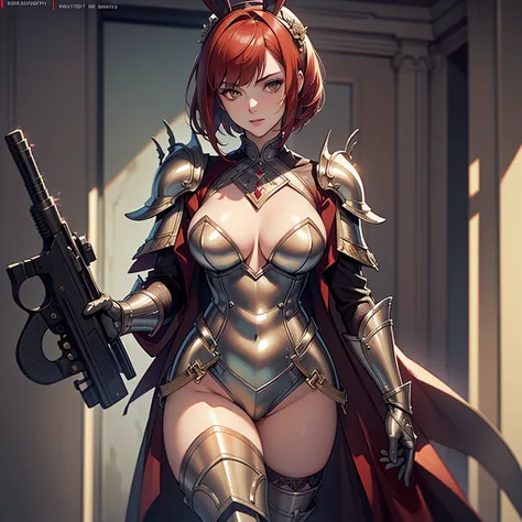 ((best quality)), ((masterpiece)), (detailed),High quality, Ultra detailed, best quality, insanely detailed, beautiful, masterpiece,(1 tall woman),20s,((Bunny girl)), metalic bunny suit,heavy armour,(red short bob hair),bunny warrior