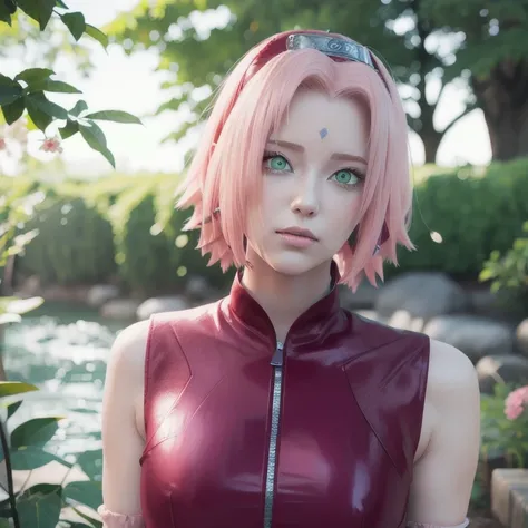 young woman, pale skin, short bubblegum pink hair, wide forehead, emerald green eyes, buttoned nose, peach lips, heart-shaped face, slender, red clothes, Sakura Haruno, 3d, realism, angelic face, maya in net
