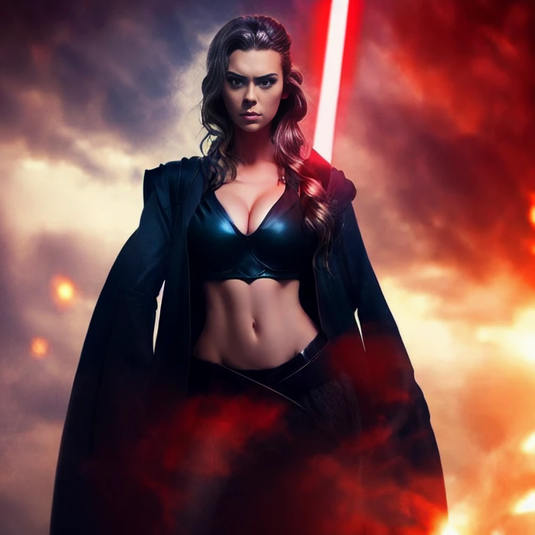 (1girl large breasts), bust upper body shot, Darth Zannah, black robes, star wars, standing, cleavage, midriff, cinematic lighting, epic, inspiring, hdr, highly detailed, cinematic composition, sthoutfit