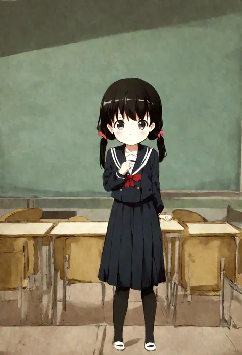 Anime Style、Anime works、Not like AI、I don&#39;t understand that it&#39;s AI、Adorable、Young face、Black Hair、Twin tails、high school student、Short、Small breasts、Black Eye、Cute Sailor Suit、Kyoto Animation Style、1 person、School、classroom、No shadows、whole body、