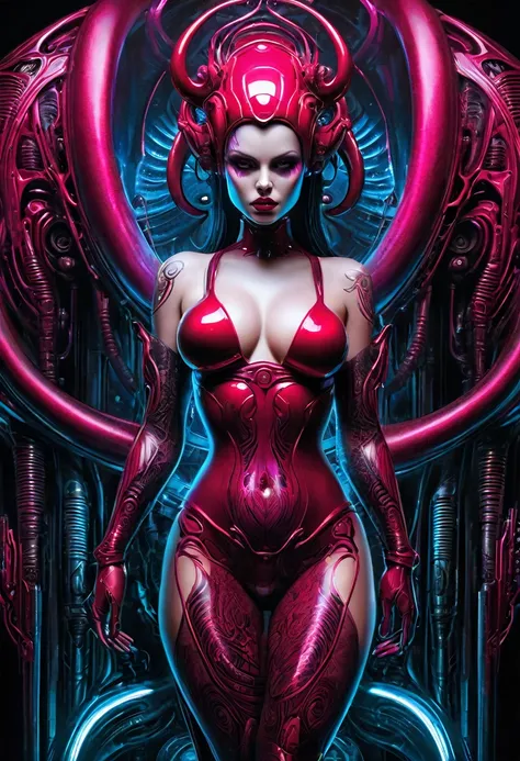 Stunningly gorgeous beautiful perfect hr giger tattooed sexy seductive demonic girl, perfect face, hyper detailed neon ruby, large breasts, full body view, nude