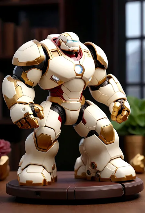 a small white hulkbuster figure on the table, gold mecha accent, hero pose