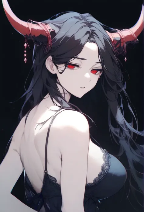 masterpiece, Score_9, Score_8_up, Score_7_up, rear view, 1 woman, alone, black hair with red , long hair, split bangs, dark red eyes, half-closed eyes, parted lips, expressionless, pale skin, large breasts, upper body, nightgown black with a V-neckline, bl...