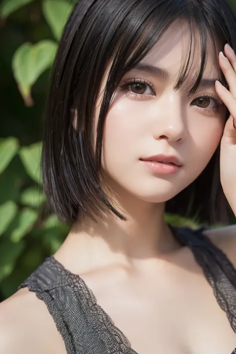 (High resolution:1.3), (16k, Photorealistic, Raw photo, Best image quality: 1.4), Japanese, (One Girl), Beautiful Face, (A vivid face), (Black-haired、short hair:1.3), Beautiful Hairstyles, Realistic eyes, Beautifully detailed eyes, (Realistic Skin), Beauti...