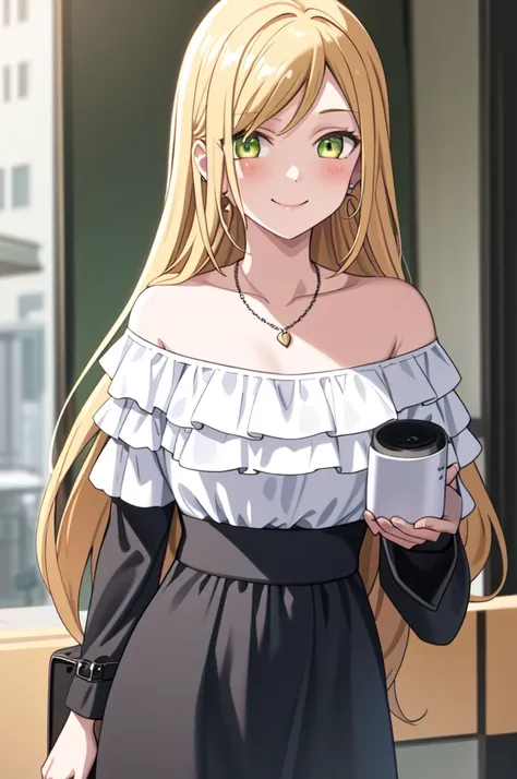 1girl, bag, bangs, blonde_hair, collarbone, earrings, green_eyes, jewelry, long_hair, necklace, shirt, smile, solo, upper_body
((best quality)), ((masterpiece)), (detailed), ultra detailed