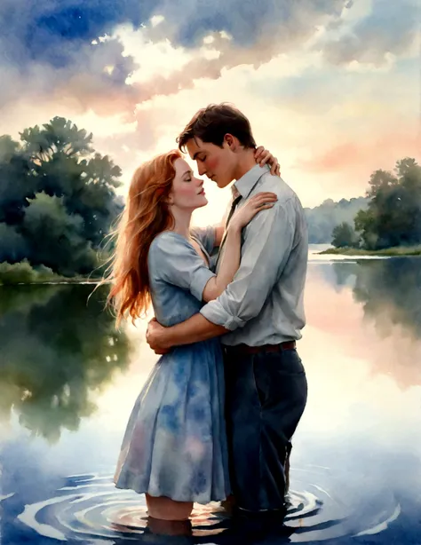 Jack and Diane, a couple embracing, water color sytle, soft lighting, early summer sky, soft focus