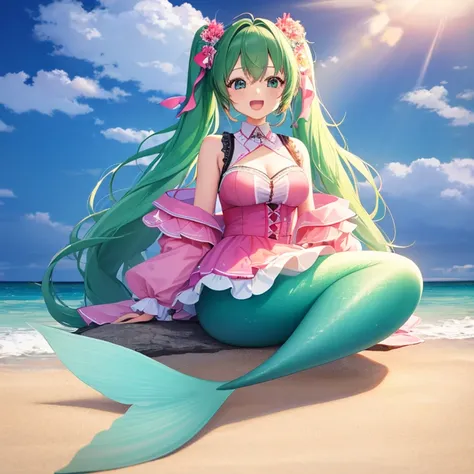 1girl, hatsune miku, 8k, highres, best quality, high quality, masterpiece, wallpaper, 16k, 4k, , solo, full body, Hatsune Miku clothing, volumetric lighting, close shot, happy, open mouth, mermaid, beach, sitting