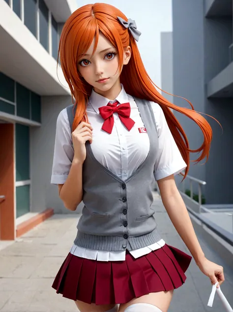 orihime,1girl,solo,long hair,skirt,large breasts,shirt,bow,school uniform,white socks,hairclip,white shirt,short sleeves,pleated skirt,miniskirt,bowtie,grey eyes,orange hair,red bow,kneehighs,red bowtie,grey skirt,sweater vest,inoue orihime