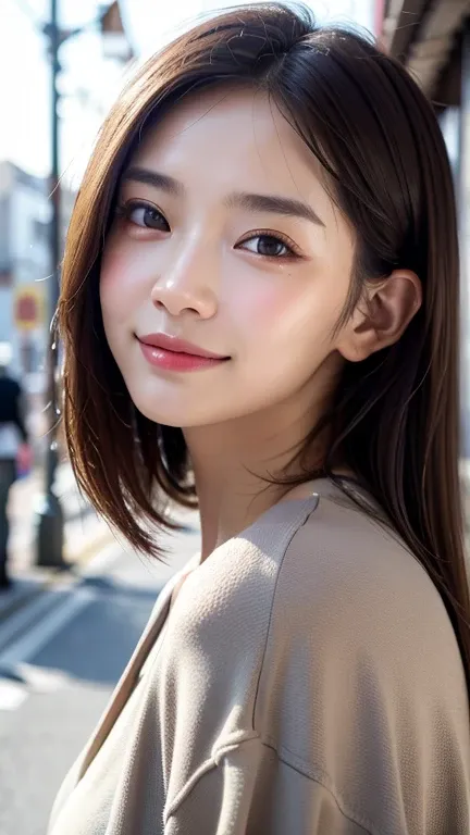 with the alleys of harajuku in the background、18-year-old girl、independent、look forward to、light eye makeup、brown hair color、fla...